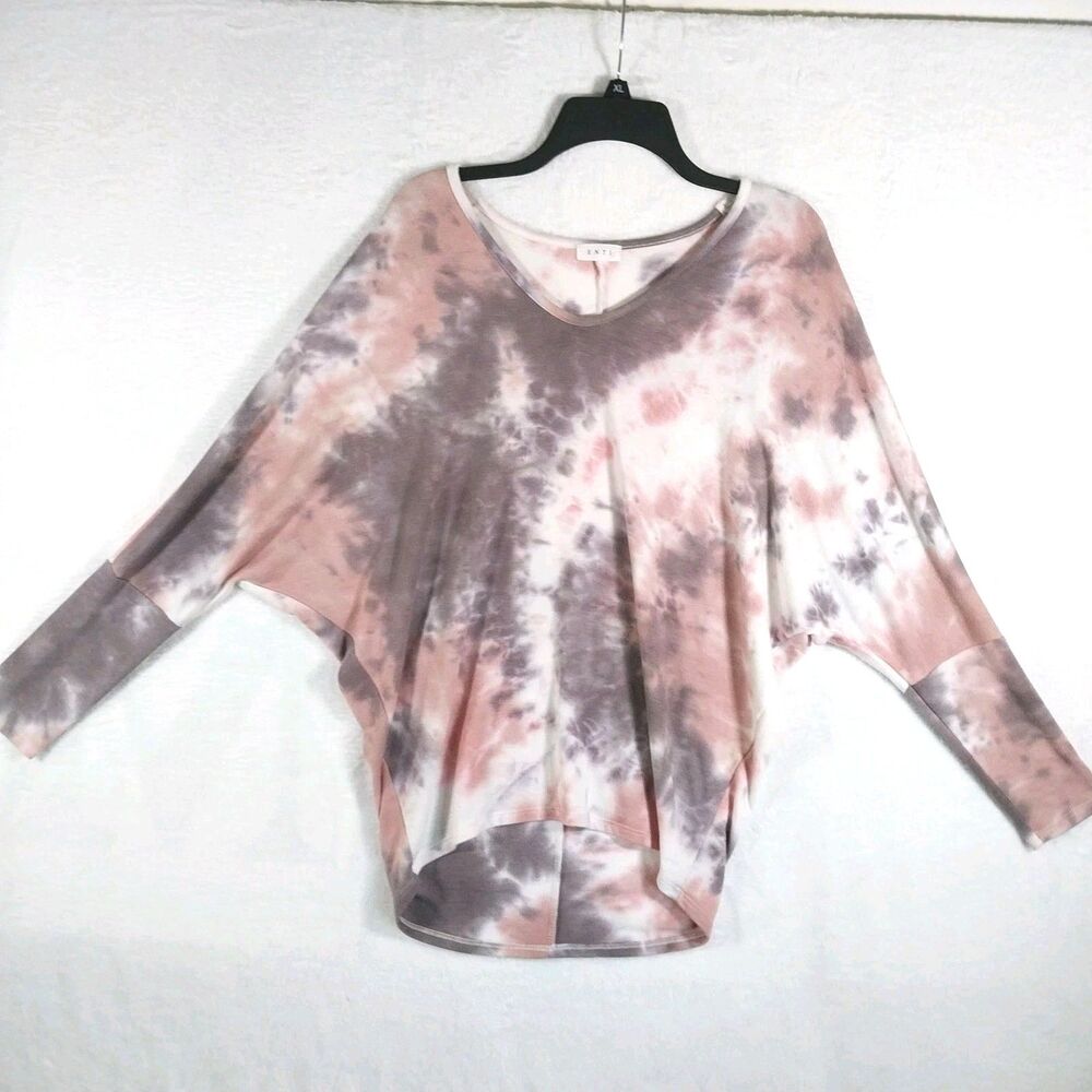ENTI Pink Gray Tie Dye Tunic Top Small Dolman Batwing Long Sleeve V-Neck #E95